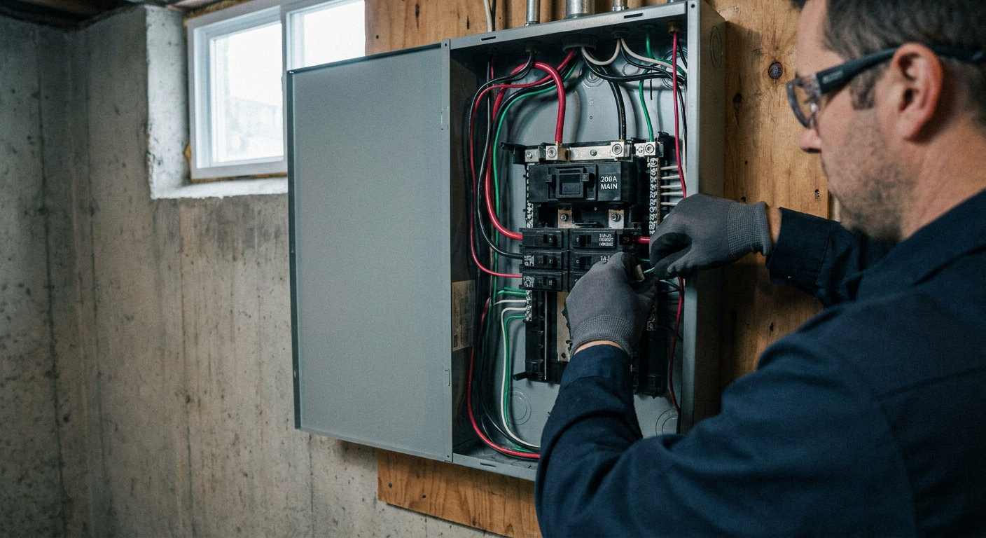 Electrician installing a 200A electrical panel