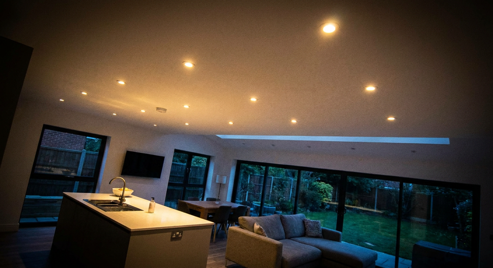 Recessed LED pot lights installed in a ceiling